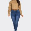 Cropped Rhinestone Denim Button-Down Shirt – Olive