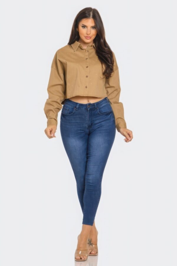 Cropped Rhinestone Denim Button-Down Shirt – Olive