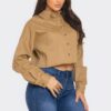 Cropped Rhinestone Denim Button-Down Shirt – Olive