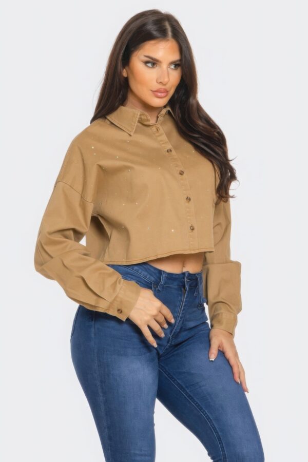 Cropped Rhinestone Denim Button-Down Shirt – Olive