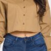 Cropped Rhinestone Denim Button-Down Shirt – Olive