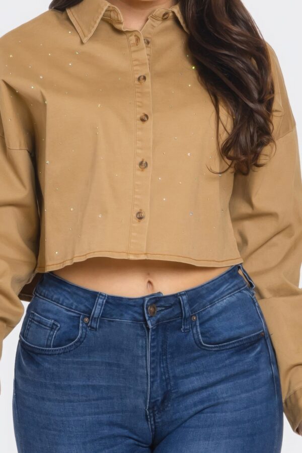 Cropped Rhinestone Denim Button-Down Shirt – Olive