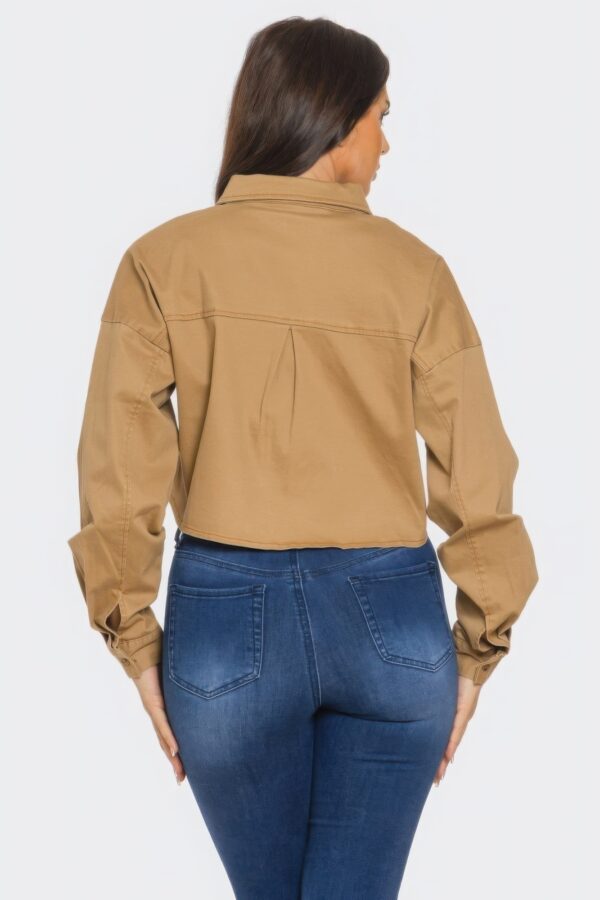 Cropped Rhinestone Denim Button-Down Shirt – Olive