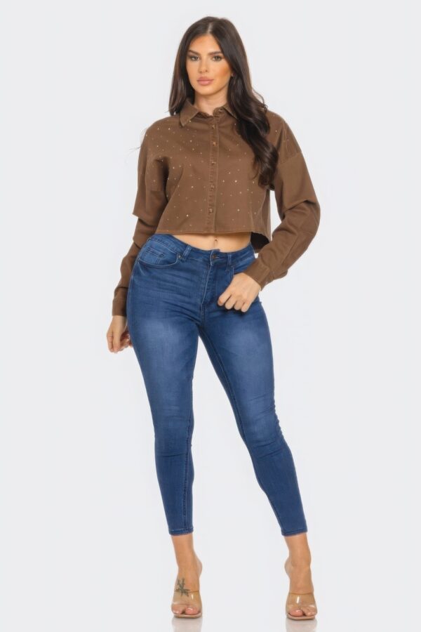Bling Denim Cropped Button-Down Shirt – Brown Rhinestone