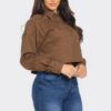 Bling Denim Cropped Button-Down Shirt – Brown Rhinestone