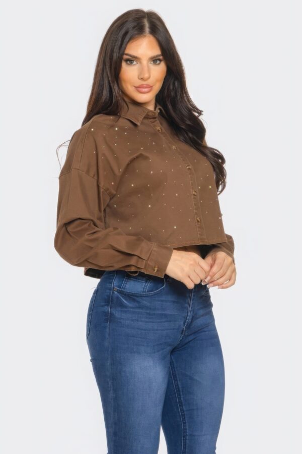 Bling Denim Cropped Button-Down Shirt – Brown Rhinestone