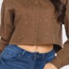 Bling Denim Cropped Button-Down Shirt – Brown Rhinestone