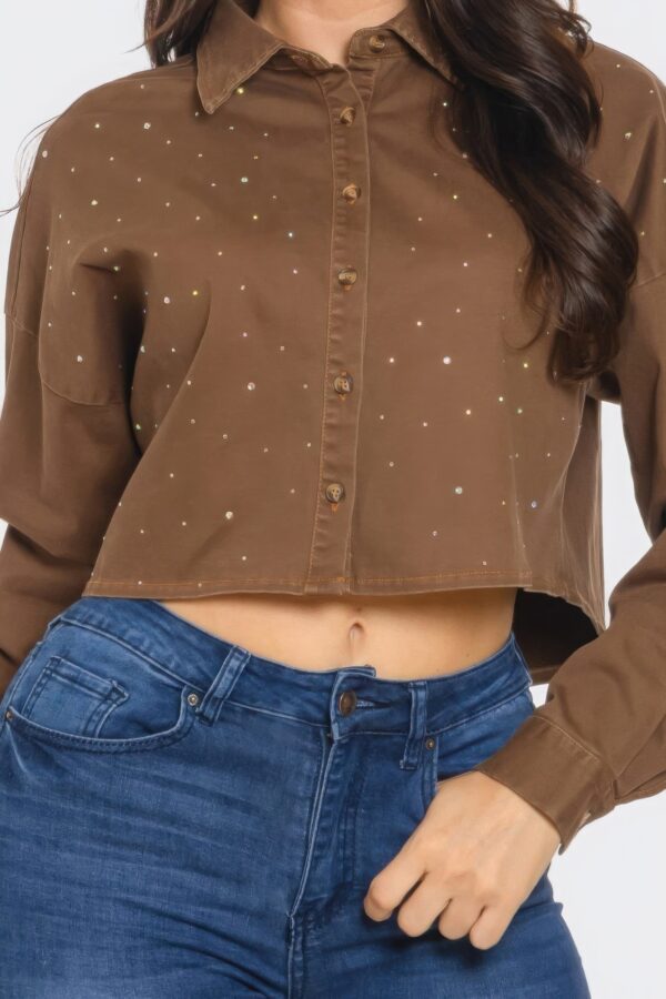 Bling Denim Cropped Button-Down Shirt – Brown Rhinestone