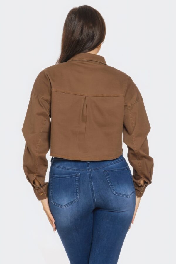 Bling Denim Cropped Button-Down Shirt – Brown Rhinestone