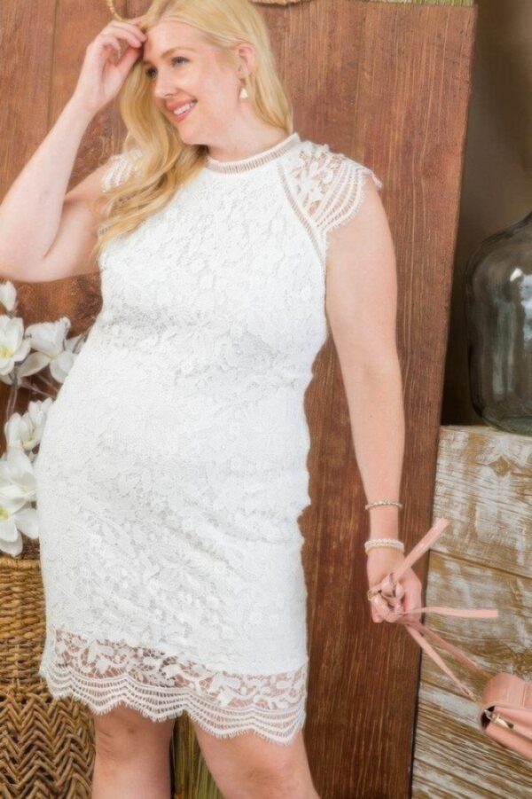 Plus Size Lace Crochet Raglan Mini Dress – White