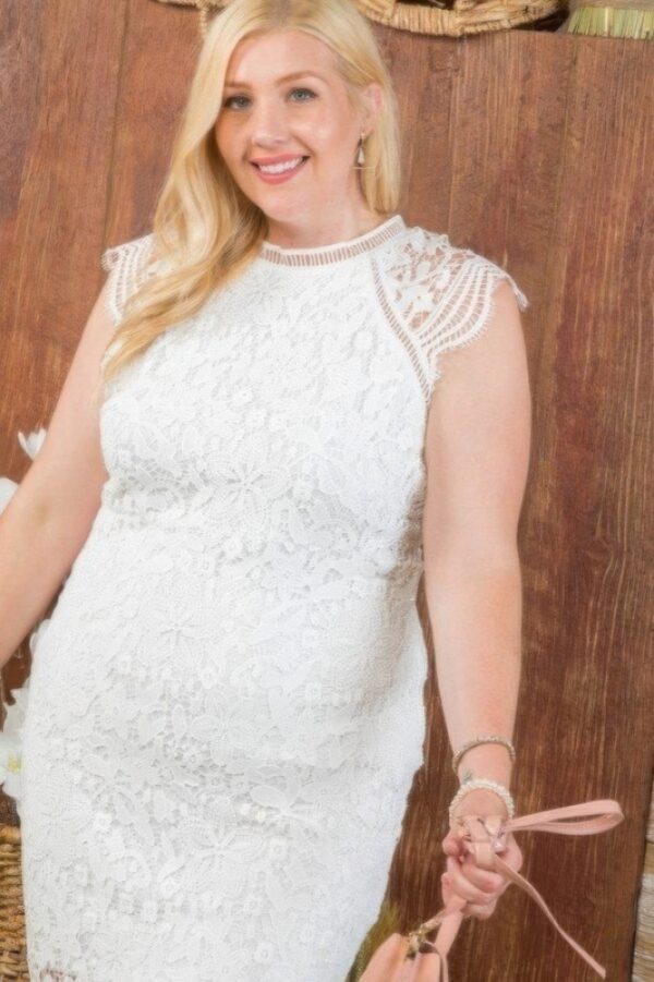Plus Size Lace Crochet Raglan Mini Dress – White