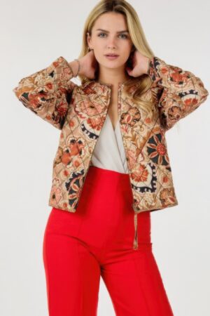 Zip-Up Multi-Print Jacket with Puff Shoulders – Tan