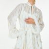 Metallic Print Short Dress with Boa Cuffs – Off White
