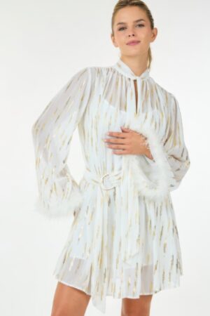 Metallic Print Short Dress with Boa Cuffs – Off White