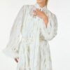 Metallic Print Short Dress with Boa Cuffs – Off White