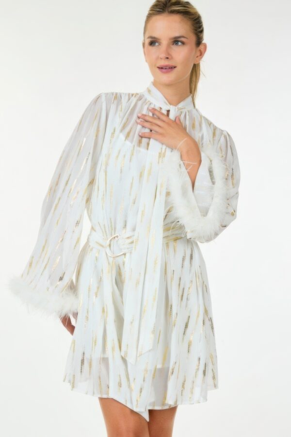 Metallic Print Short Dress with Boa Cuffs – Off White