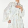Metallic Print Short Dress with Boa Cuffs – Off White
