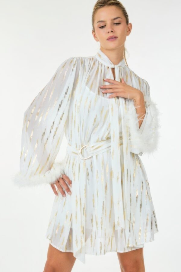 Metallic Print Short Dress with Boa Cuffs – Off White