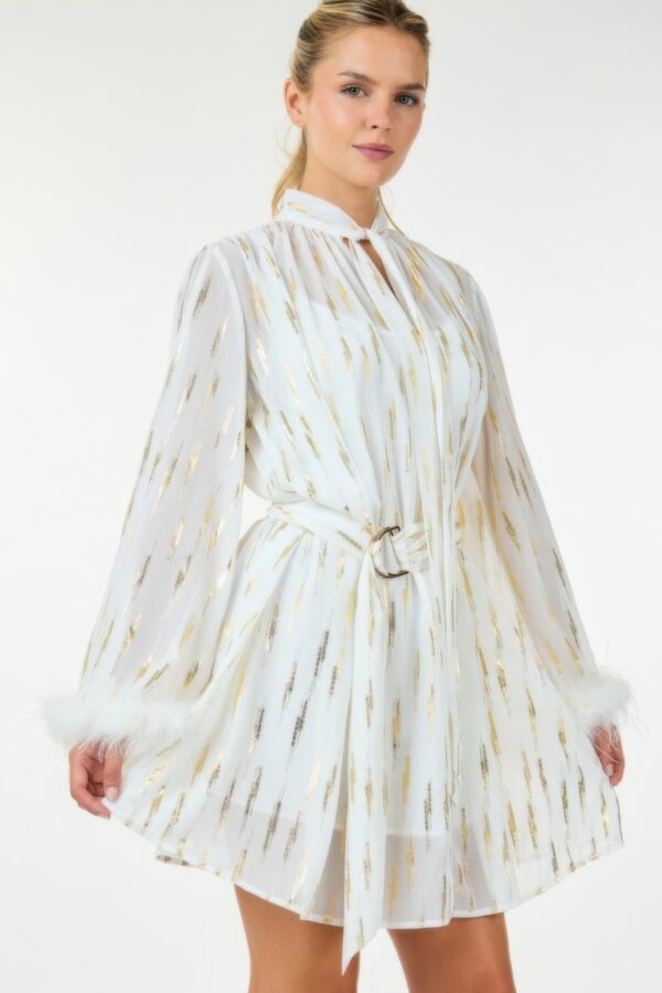 Metallic Print Short Dress with Boa Cuffs – Off White