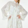 Metallic Print Short Dress with Boa Cuffs – Off White