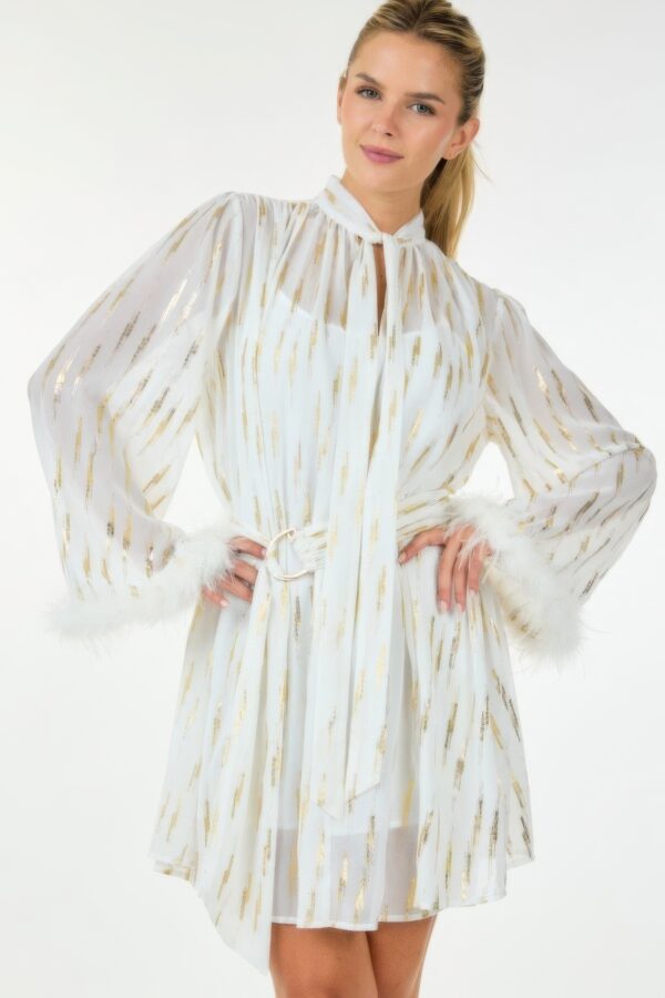 Metallic Print Short Dress with Boa Cuffs – Off White