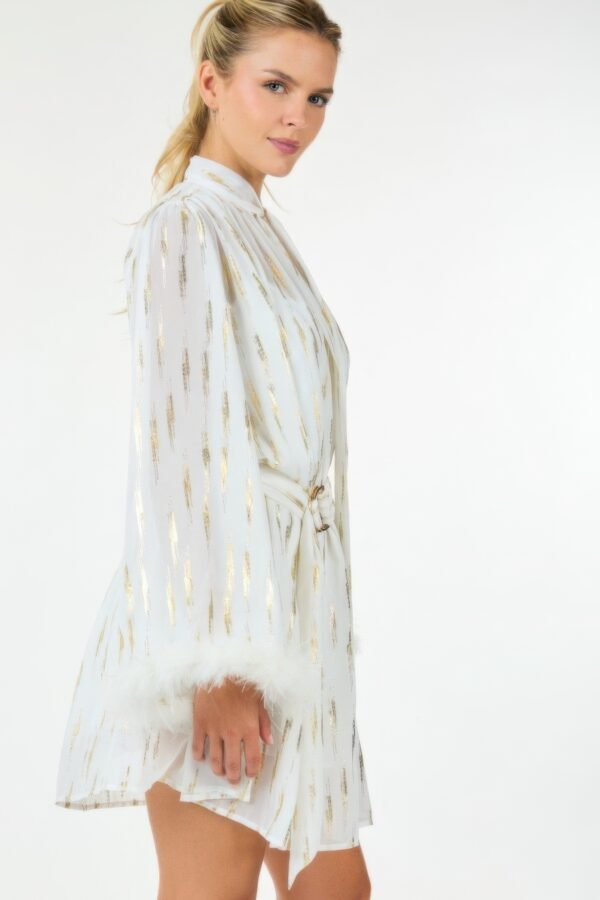 Metallic Print Short Dress with Boa Cuffs – Off White