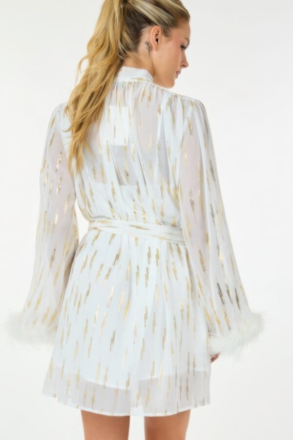 Metallic Print Short Dress with Boa Cuffs – Off White