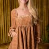 Velvet Square Neck Long Sleeve Romper – Camel