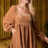 Velvet Square Neck Long Sleeve Romper – Camel