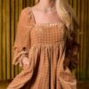 Velvet Square Neck Long Sleeve Romper – Camel