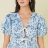 Denim Embroidered Crop Top with Front Tie – Denim/White