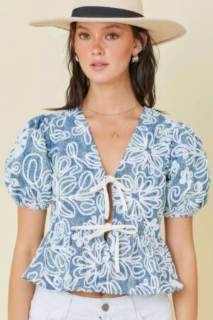 Denim Embroidered Crop Top with Front Tie – Denim/White