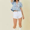 Denim Embroidered Crop Top with Front Tie – Denim/White