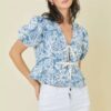 Denim Embroidered Crop Top with Front Tie – Denim/White