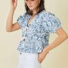 Denim Embroidered Crop Top with Front Tie – Denim/White