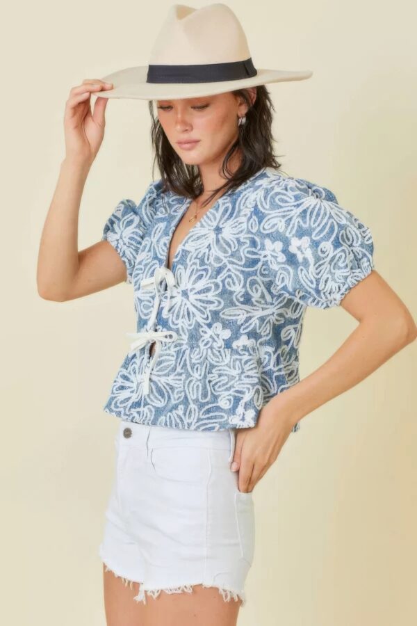 Denim Embroidered Crop Top with Front Tie – Denim/White