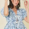 Denim Embroidered Crop Top with Front Tie – Denim/White