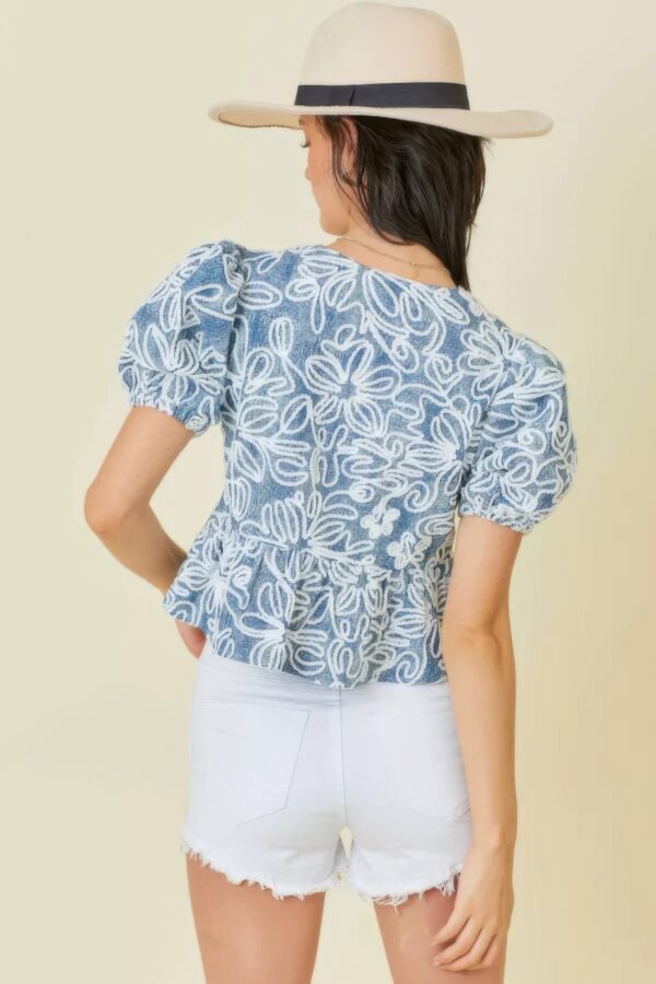 Denim Embroidered Crop Top with Front Tie – Denim/White