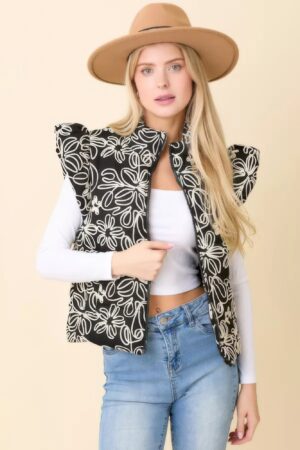 Floral Velvet-Embroidered Denim Puffer Vest – Black/White