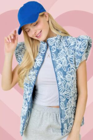 Floral Velvet-Embroidered Denim Puffer Vest – Denim/White