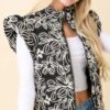 Floral Velvet-Embroidered Denim Puffer Vest – Black/White