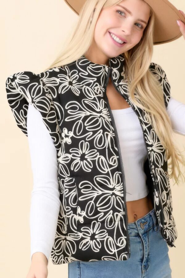 Floral Velvet-Embroidered Denim Puffer Vest – Black/White