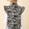 Floral Velvet-Embroidered Denim Puffer Vest – Black/White