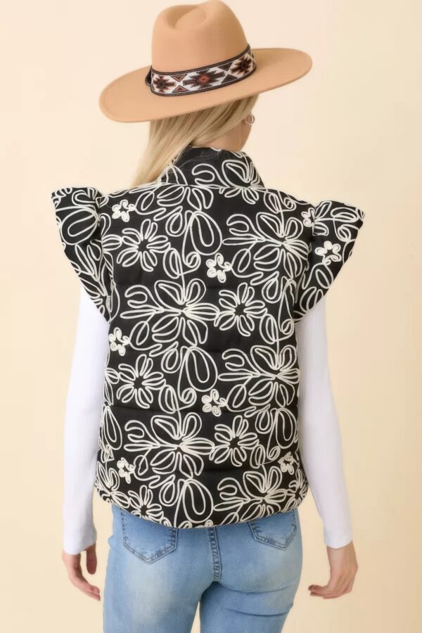Floral Velvet-Embroidered Denim Puffer Vest – Black/White