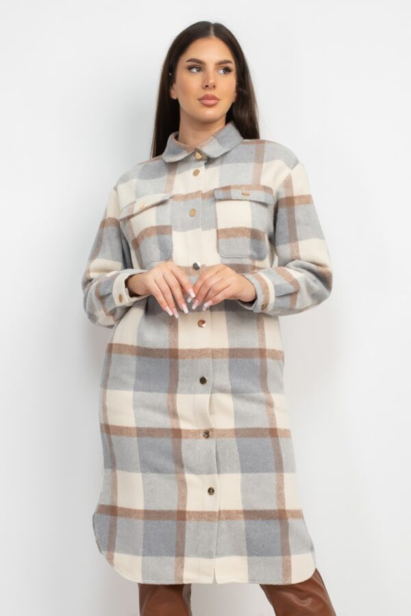 Plaid Buttoned Shacket Coat – Cream & Grey Plaid