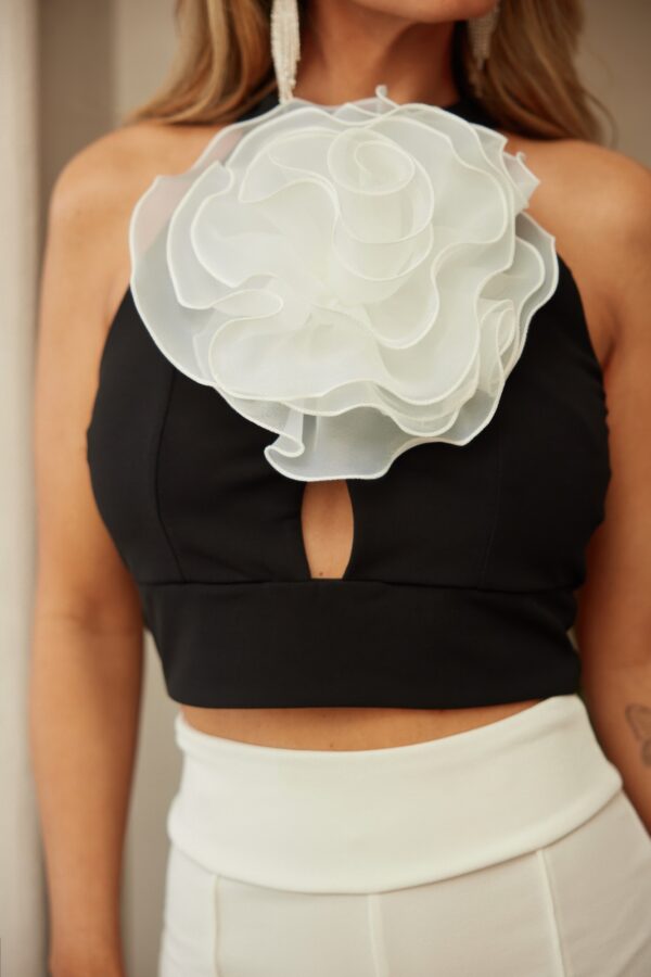 Floral Tie-Back Crop Top – Black/White