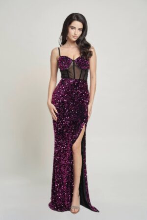 Cecily Teddy Velvet Corset Maxi Dress – Bustier Mesh, Fuchsia