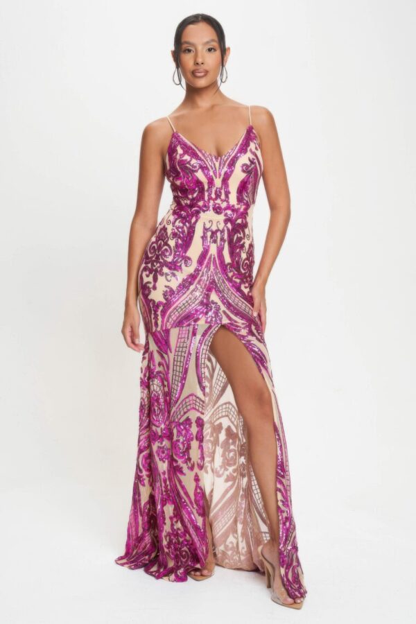 Art Deco Sequin Spaghetti-Strap Maxi Dress – Fuchsia
