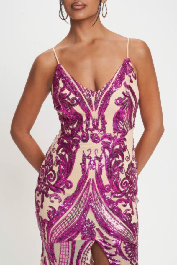 Art Deco Sequin Spaghetti-Strap Maxi Dress – Fuchsia