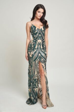 Art Deco Sequin Maxi Dress with Spaghetti Straps – Hunter
